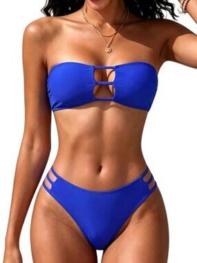 Women's 2 Pc Royal Blue Strapless Bikini Bandeau Cutout High Cut Bathing Suit-M